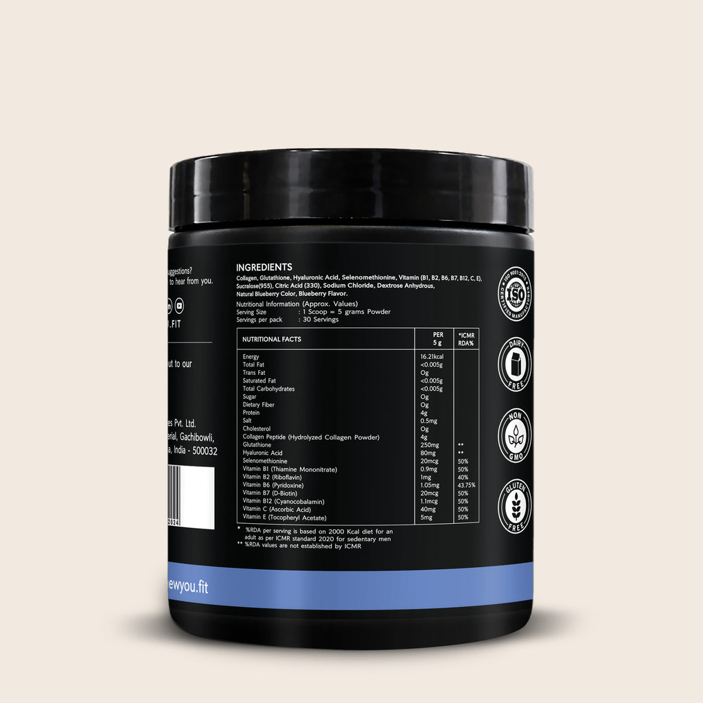 NewYou Collagen Glow Marine Collagen Powder with Glutathione & Hyaluronic Acid - Blueberry - 150 g