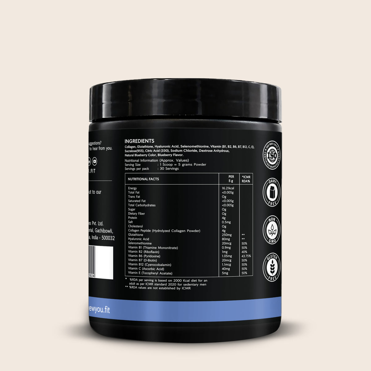 NewYou Collagen Glow Marine Collagen Powder with Glutathione & Hyaluronic Acid - Blueberry - 150 g