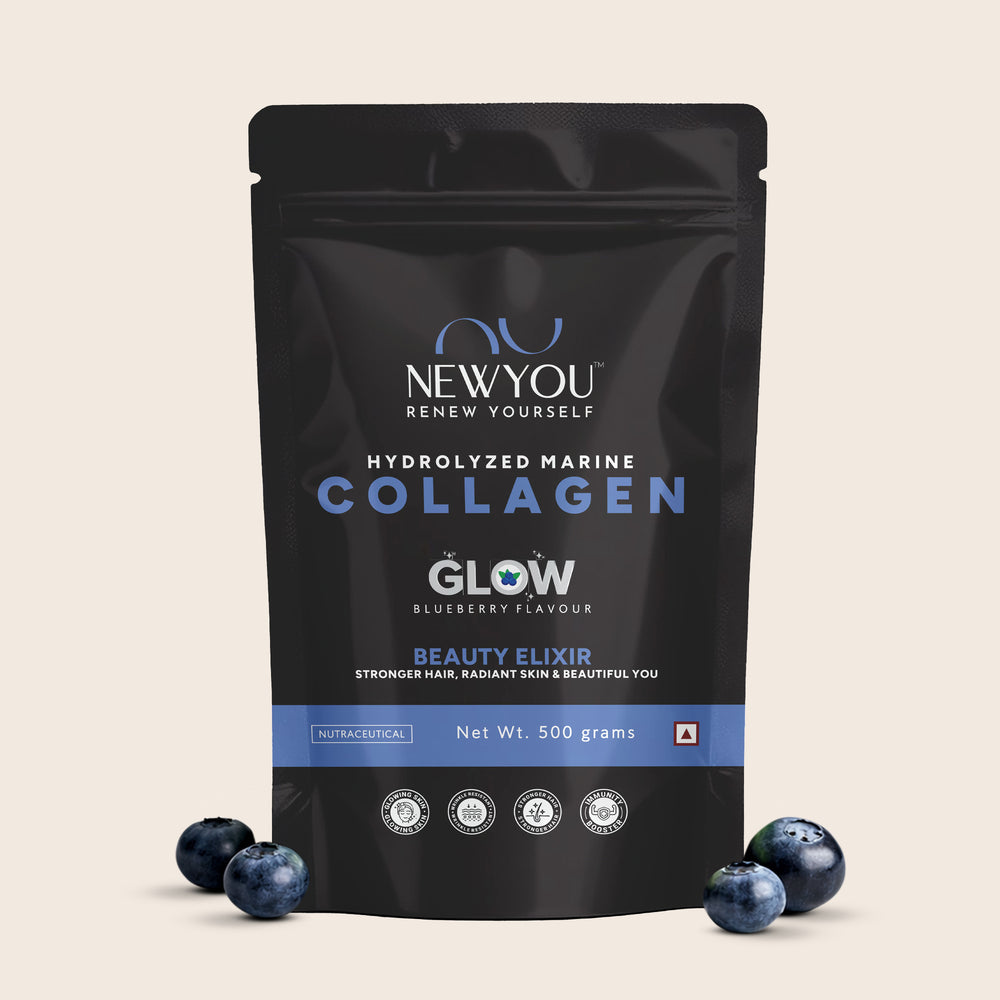 NewYou Collagen Glow marine collagen powder with glutathione and hyaluronic acid, blueberry, 500 g pouch