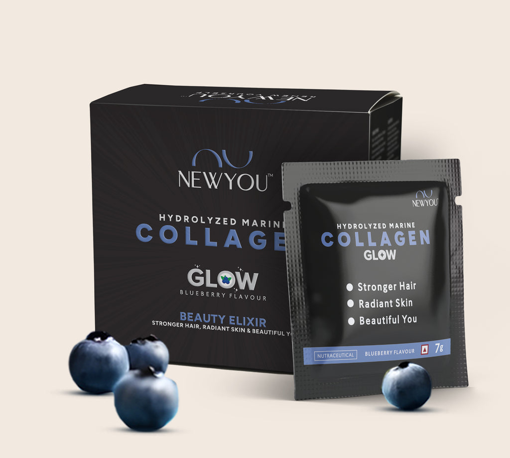 NewYou Collagen Glow marine collagen powder with glutathione and hyaluronic acid, blueberry, 70 g trial pack