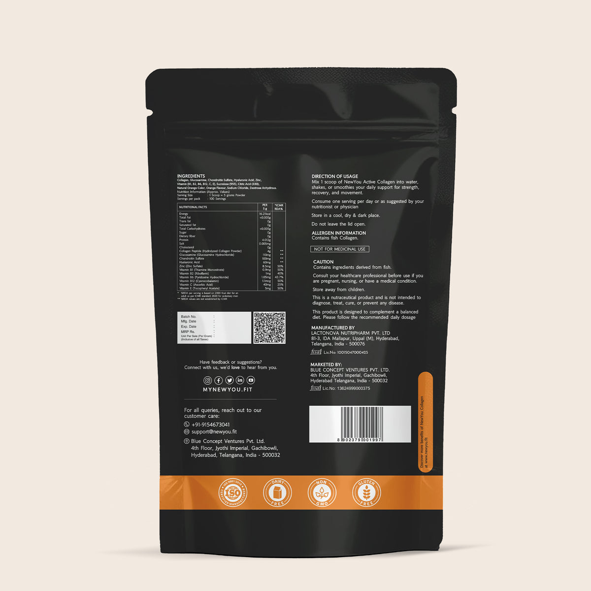 NewYou Collagen Active – Marine Collagen Powder with Glucosamine, Chondroitin & Hyaluronic Acid – Orange – 500 g