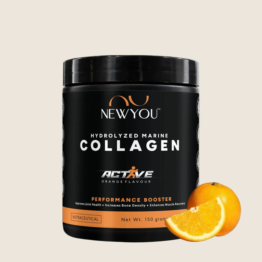 NewYou Collagen Active marine collagen powder with glucosamine, chondroitin and hyaluronic acid, orange, 150 g pouch