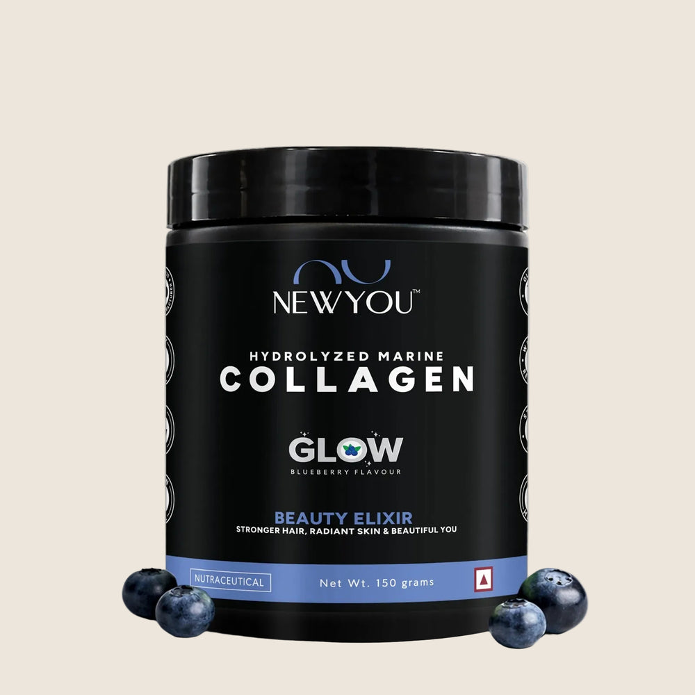 NewYou Collagen Glow marine collagen powder with glutathione and hyaluronic acid, blueberry, 150 g pouch