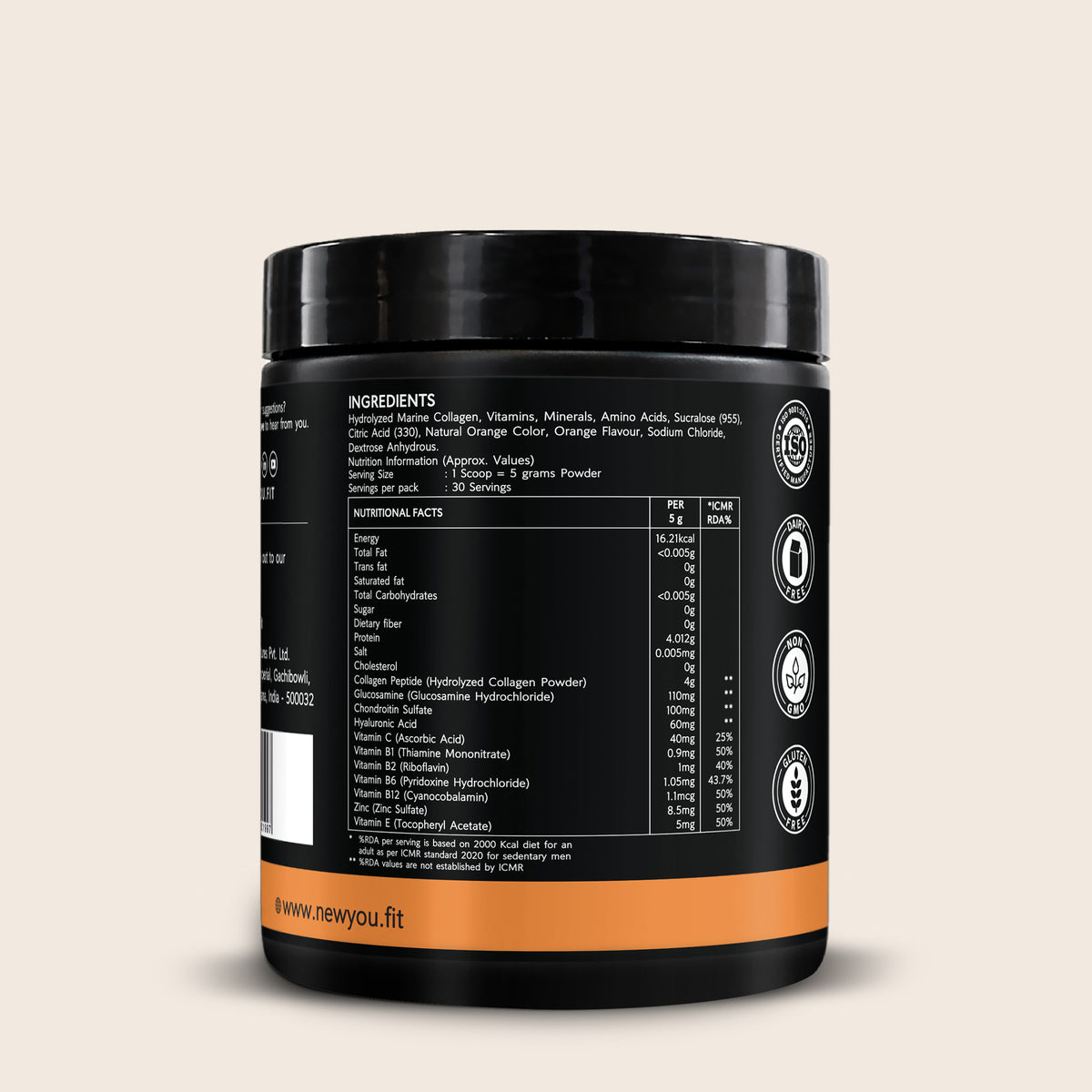 NewYou Collagen Active Marine Collagen Powder with Glucosamine, Chondroitin & Hyaluronic Acid - Orange - 150 g